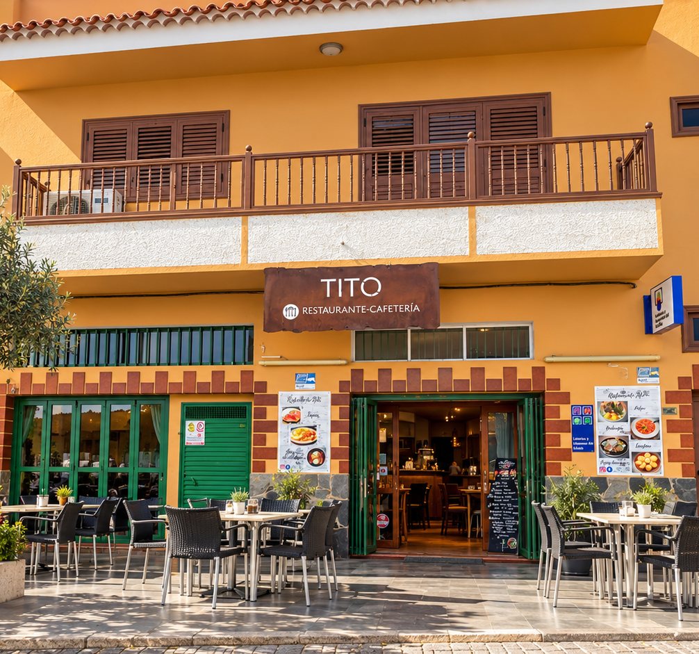 The front of Restaurante Cafetería Tito: the brown TITO sign above the open green doors, menu posters on the orange wall and white chairs on the terrace